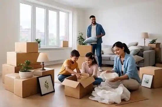 Happy family unpacking boxes in their new home after relocation – Eintransport Packers and Movers