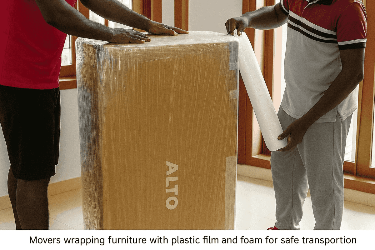 Movers wrapping furniture for safe shifting